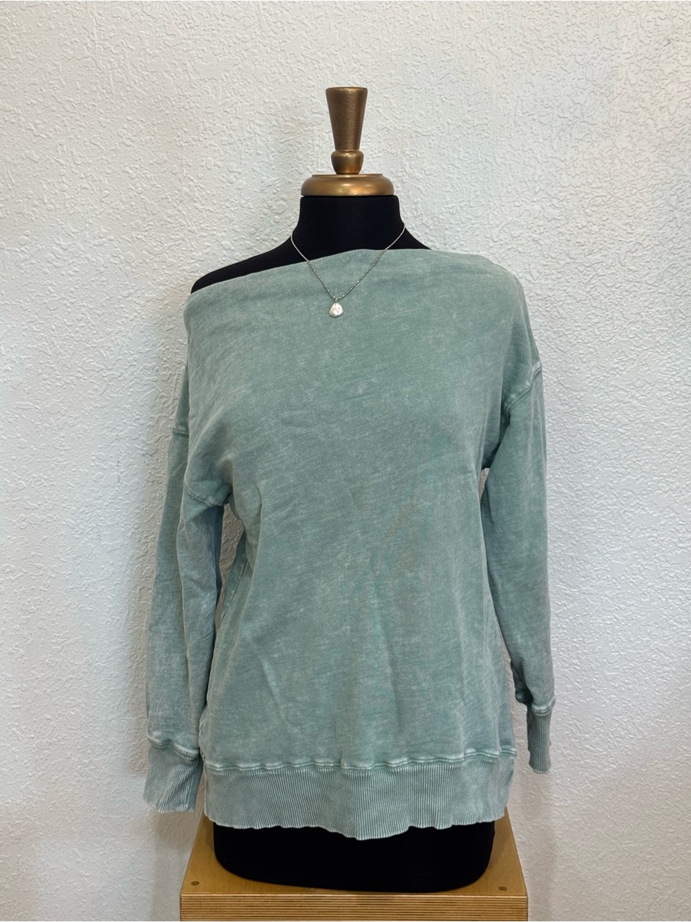 Pilcro Off-the-Shoulder Washed Sage Green Sweater